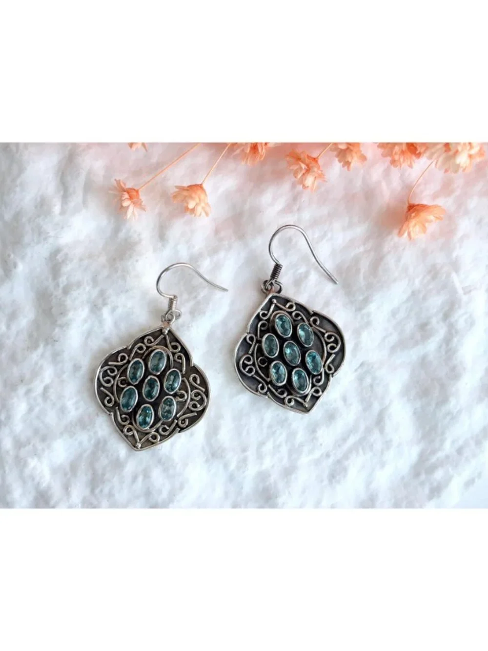Blue Topaz Gemstone Oval Balinese Inspired Sterling Silver Vintage 925 Earrings - Picture 3 of 14
